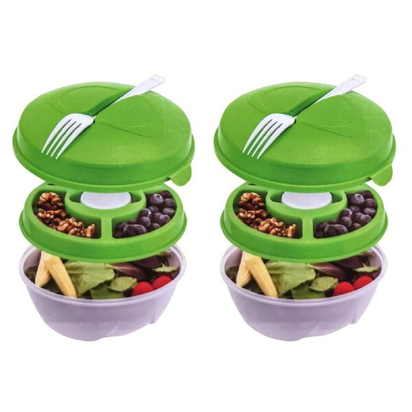 2x 5pc Innovative Living Salad Bowl Container/Lid/Topping Tray/Fork/Dressing