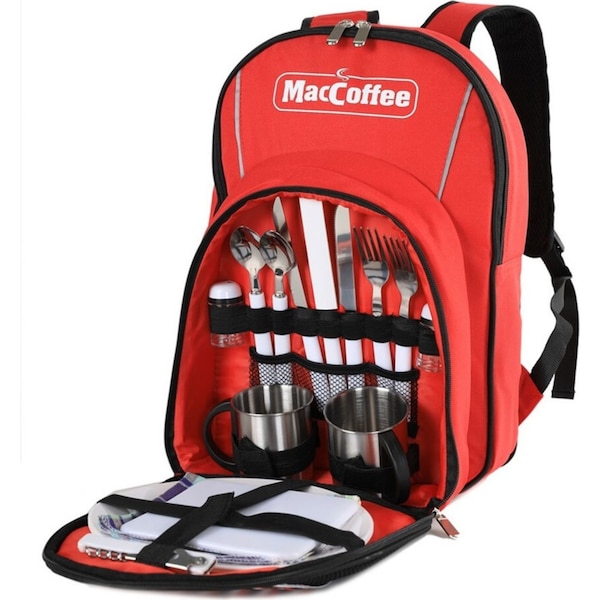Mac Coffee 2 Person Picnic Bag/Backpack Steel Mugs/Cutlery/Knives/Forks Red