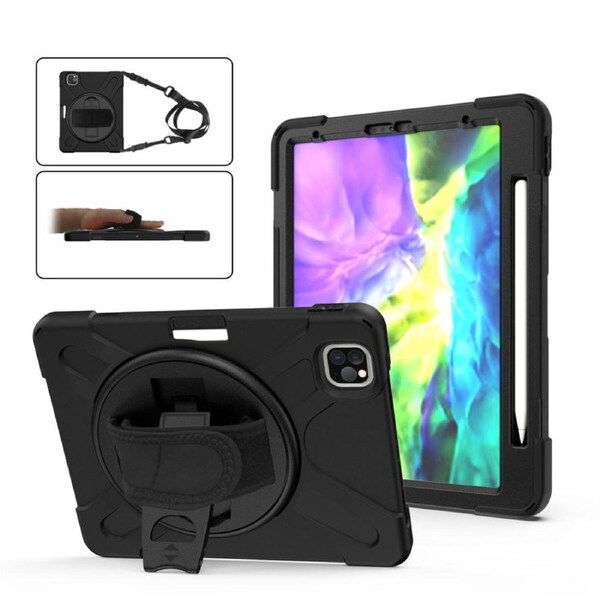 For iPad Pro 12.9in (2022,2021,2020,2018) 360 Degree Rotation Silicone Protective Cover,Holder, Hand Strap, Strap, Pencil Slot, Black