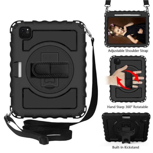 For iPad Air 4 10.9in (2020) Case, 360 Rotating Cover, Pencil Holder, Stand, Shoulder & Hand Strap, Black