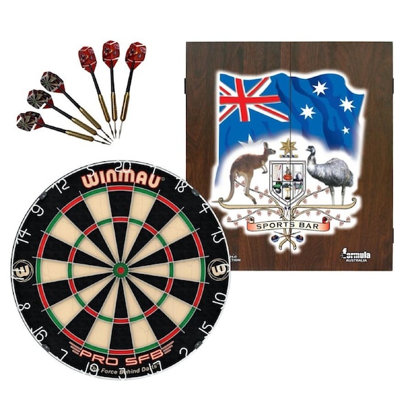 WINMAU PRO SFB Bristle Dart Board + Sports Bar Cabinet + Darts