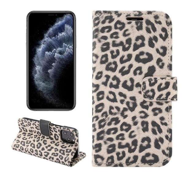 For iPhone 12 / 12 Pro Case, Leopard Print Folio PU Leather Case,Card Slot and Holder, Gray