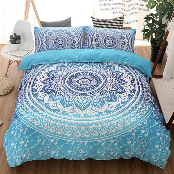 Bohemian Boho Aqua Blue Quilt Cover Set (Single / Double / Queen / King Options) 3pcs Queen Quilt Cover Set
