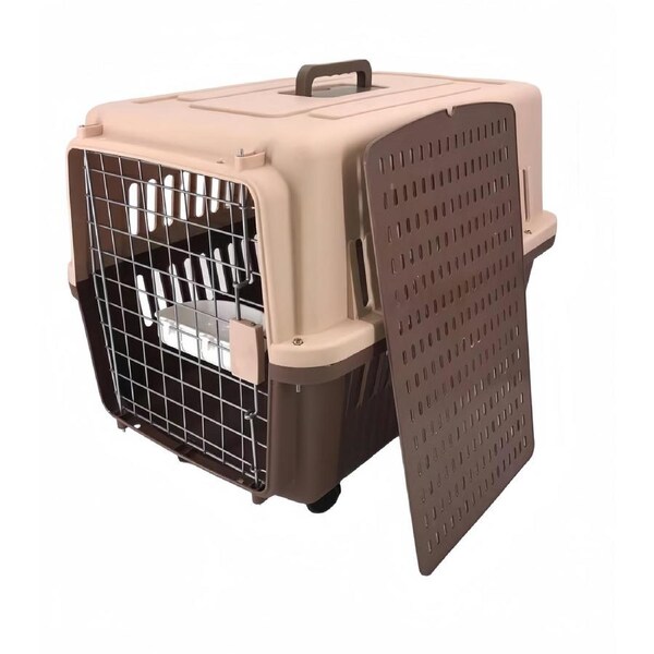 YES4PETS Brown Large Dog Puppy Cat Crate Pet Carrier Cage With Tray, Bowl & Wheel