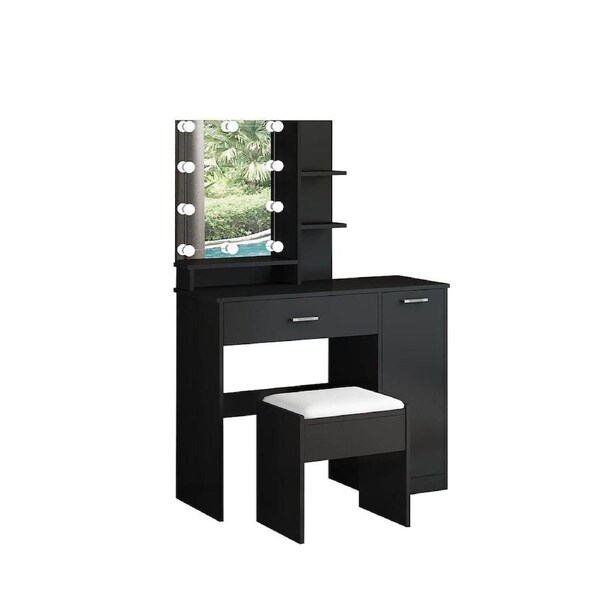 Black Dressing Table Dresser Makeup Vanity Table Stool Set with Mirror & LED Lights