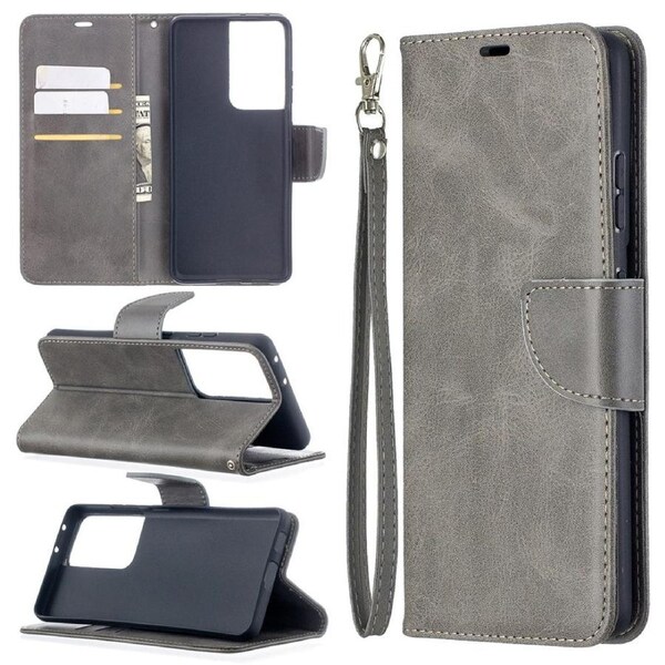 For Samsung Galaxy S21 Ultra Case Lambskin Texture Folio PU Leather Wallet Cover, Kickstand, Lanyard, Grey