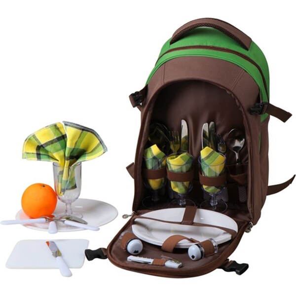 Yonovo 4 Person Insulated Picnic Bag Backpack Wine Glass/Cutlery/Knives Green