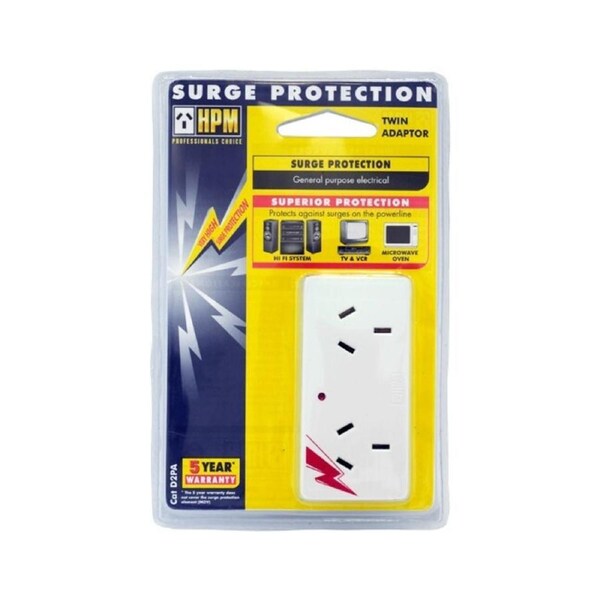 HPM 2-Way Outlet 4500A 117J Surge Protector Double/Twin Adaptor/Adapter White