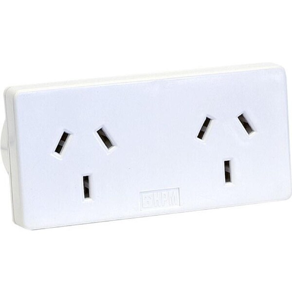 HPM Slim Right 10A Mains Power Slimline Twin/Double Powerpoint Adaptor White