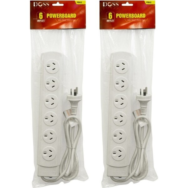 2x Doss 2400W 6-Way Powerboard 1m Power Cord 6 Outlets w/ Overload Protection WH