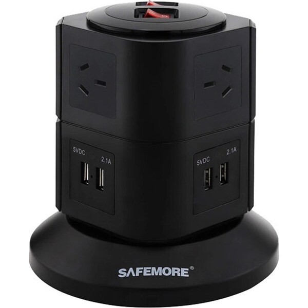 Safemore 6-Outlet Surge Powerboard Power Stacker w/ 2m Cord/4 USB Ports Black