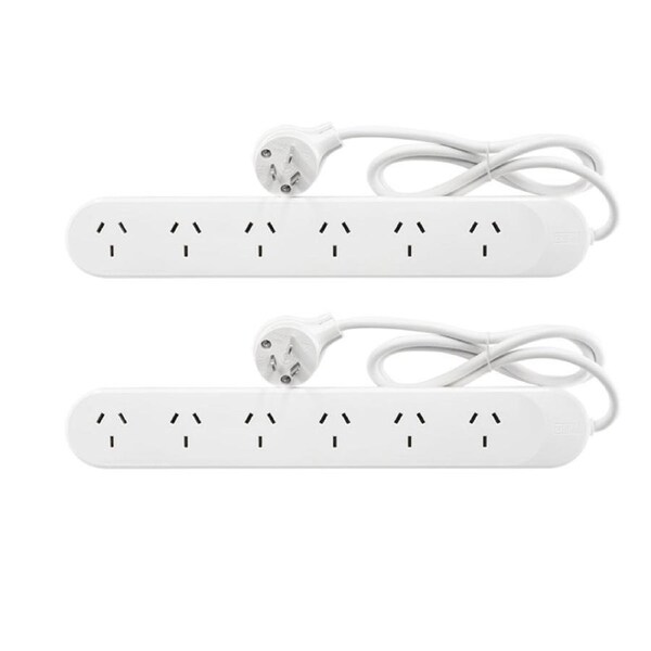 2x HPM 6-Way Outlet 2400W 10A 240V Powerboard 1m Power Cord 6 Outlets/Socket WHT
