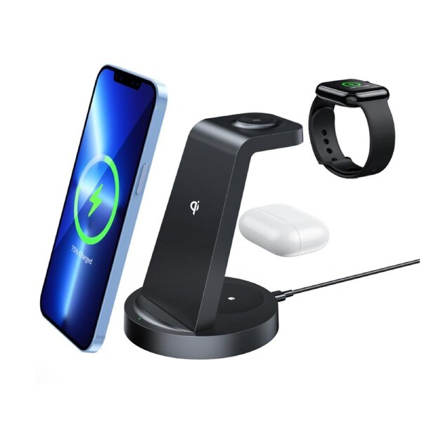 OROTEC NuGen Apple 3-in-1 Triple Wireless Charger (Apple Watch/AirPods/Smartphone) Black with Qualcomm Charger