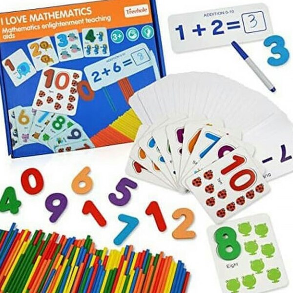 Wooden Math Kit for Kids 3+ - STEM Learning Toy with Counting Sticks, Number Cards & Marker - Develop Numeracy, Creativity & Logic - Non-Toxic Preschool Gift