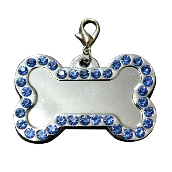 5 x Dog Pet Cat Stainless Charms Blue Rhinestone Loop Tag Pendants