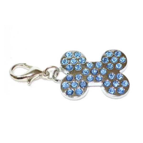 5 x Dog Pet Cat Charms Bone Shape Blue Diamond Rhinestone Collar Tags