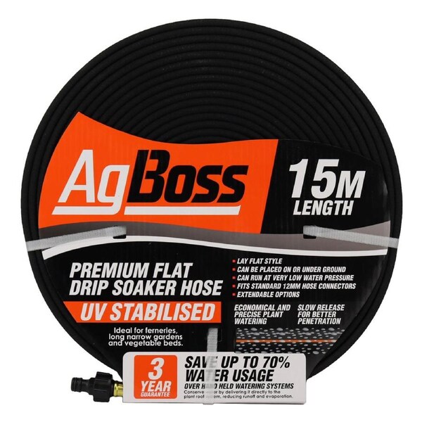 AgBoss 15m Premium Flat Drip Soaker Hose - Black - 160468