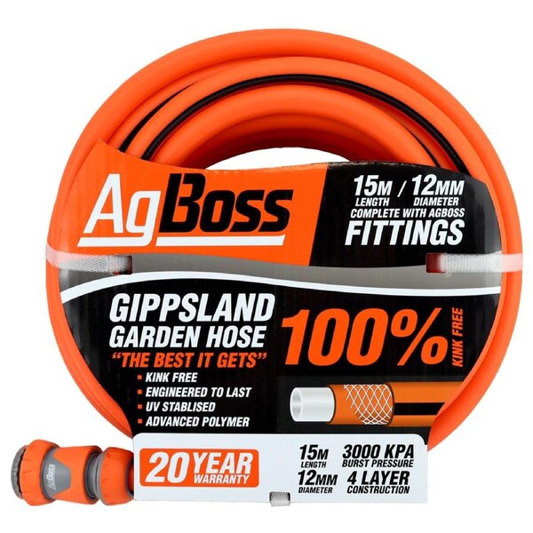 AgBoss 12mm x 15m Gippsland Non Kink Garden Hose with Fittings - 160408