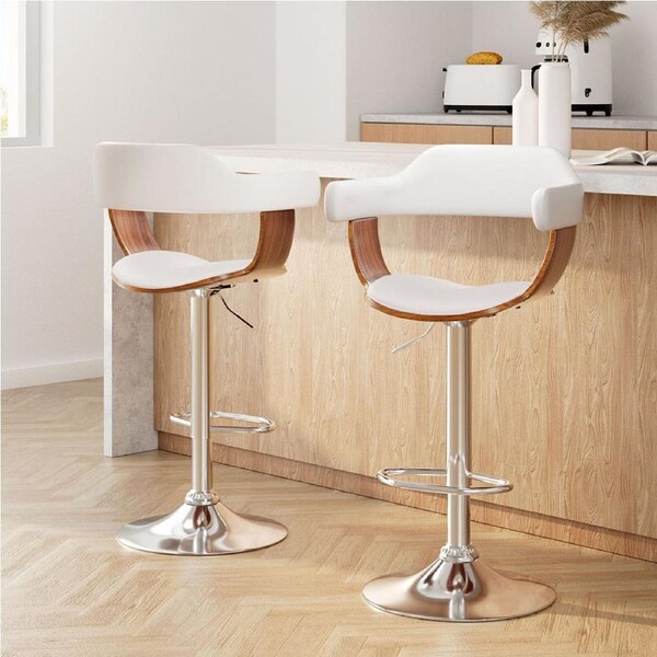 2x Artiss Bar Stools Gas Lift Leather w/Armrest White