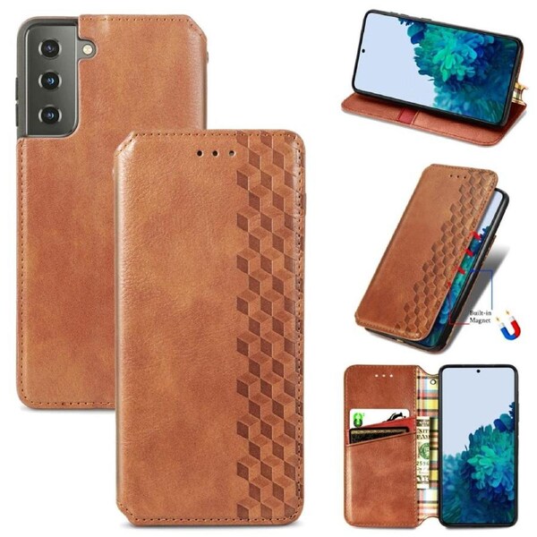 For Samsung Galaxy S21 Case, Cubic Grid Folio Magnetic PU Leather Cover Wallet, Kickstand, Brown