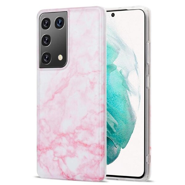 For Samsung Galaxy S21 Ultra Case, TPU Glossy Marble Pattern Protective Cover, Light Pink