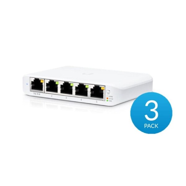 UBIQUITI USW Flex Mini - 5 Port Managed, UniFi, Layer 2 Gigabit Switch - 1x PoE Input - 3 Pack - No PSU
