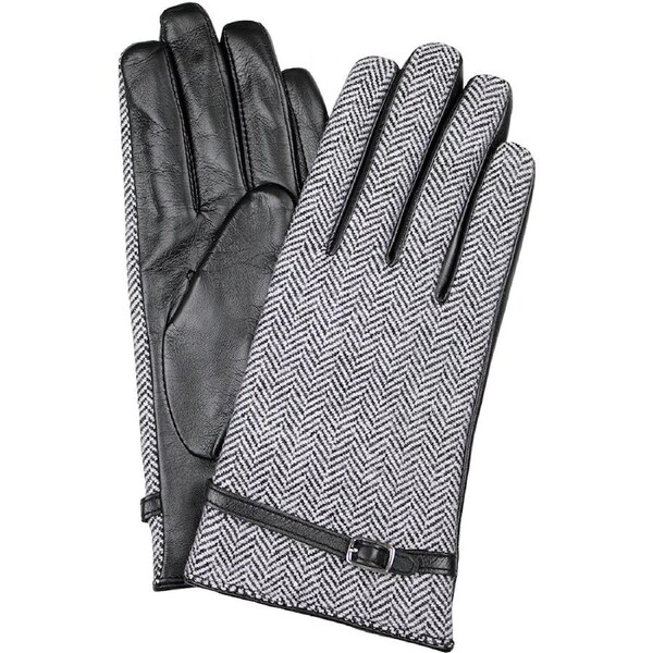 Dents Womens Leather And Wool Tweed Gloves With Strap Detailing - Black/Tweed X-Large