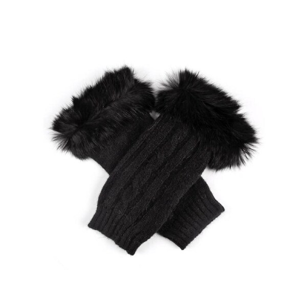 Dents Womens Lambswool Angora Cable Knit Wrist Arm Warmers With Fur Cuff Black
