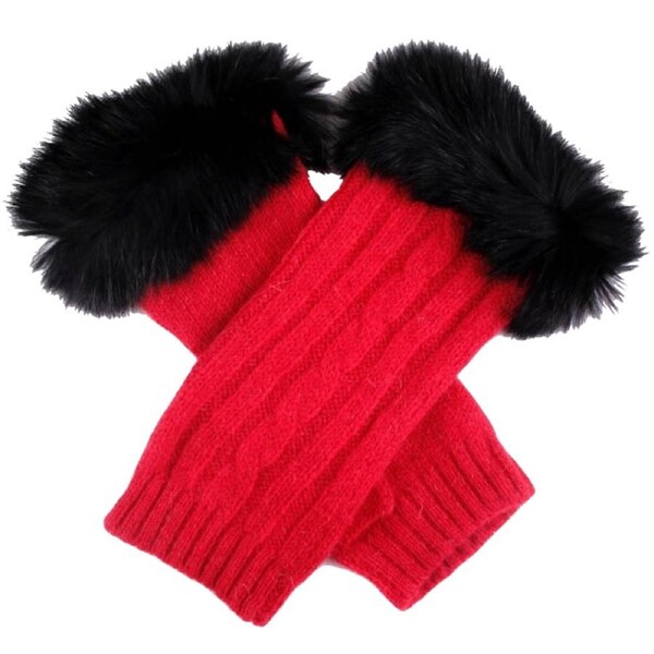 Dents Womens Lambswool Angora Cable Knit Wrist Arm Warmers With Fur Cuff Berry/Black