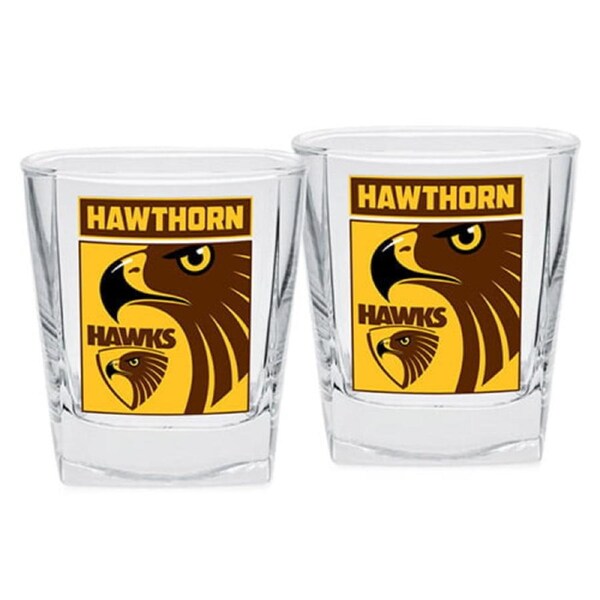 Hawthorn Hawks AFL Set of 2 Spirit Glasses 250ml Glass FULL COLOUR LOGO