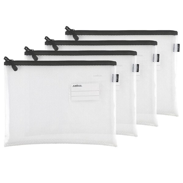 4PK Celco School Storage Zipper Pouch A4 Paper/Pencil/Documents Mesh Case Clear