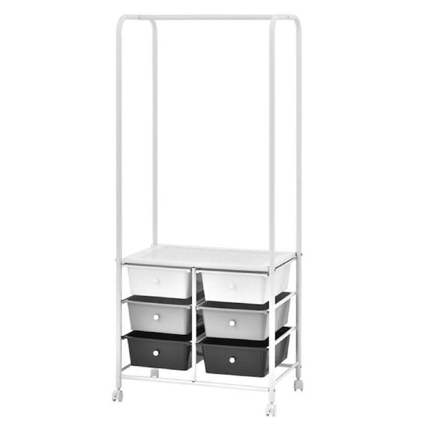 Boxsweden 6 Drawer 115cm Metal Trolley Storage w/ Garment Rack/Wheels White