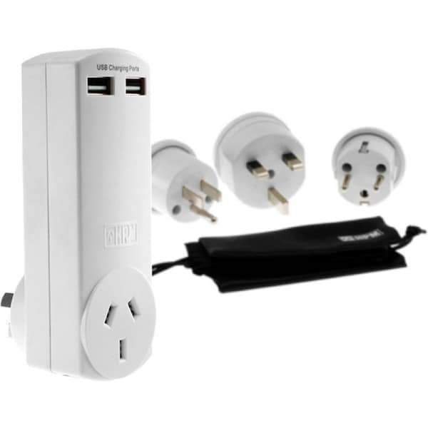 HPM World Travel Pack Adaptor w/ Twin USB Charger/3 International Plugs White