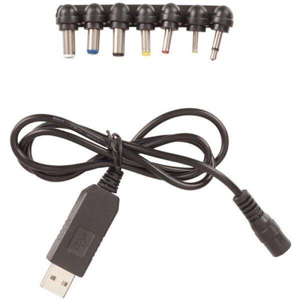 Universal USB 12V Step-Up Converter Power Cable w/ 7 Standard DC Tips Black