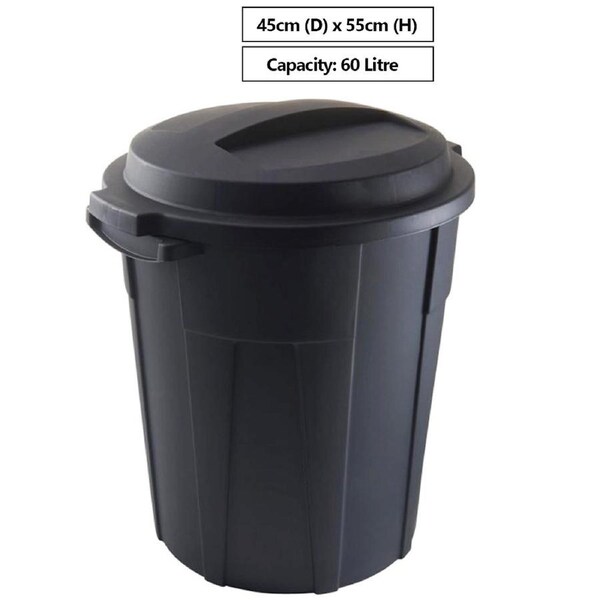 1x Black Dome Bin Outdoor Rubbish Plastic Trash Waste Garbage Can Kitchen 60L