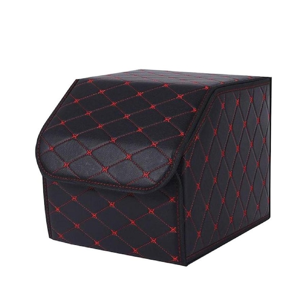 SOGA Leather Car Boot Collapsible Foldable Trunk Cargo Organizer Portable Storage Box Black/Red Stitch Small