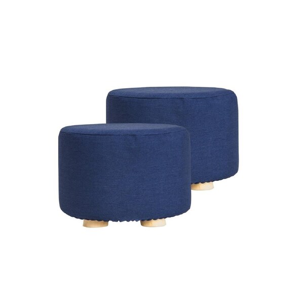 2X Fabric Ottoman Round Wooden Leg Foot Stool - DARK BLUE
