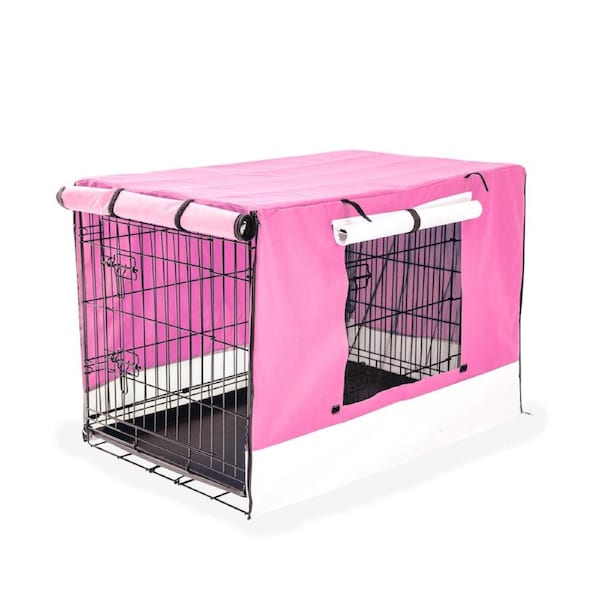 Wire Dog Cage Foldable Crate Kennel 30in with Tray + PINK Cover Combo