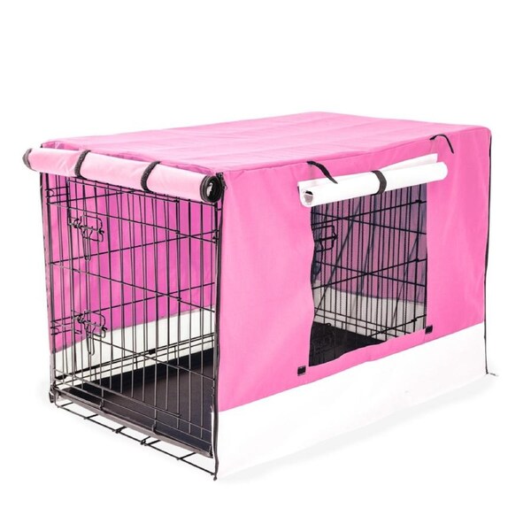 Wire Dog Cage Foldable Crate Kennel 48in with Tray + PINK Cover Combo