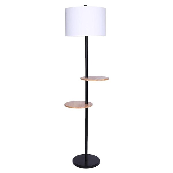 METAL FLOOR LAMP SHADE WITH BLACK POST IN ROUND WOOD SHELVES