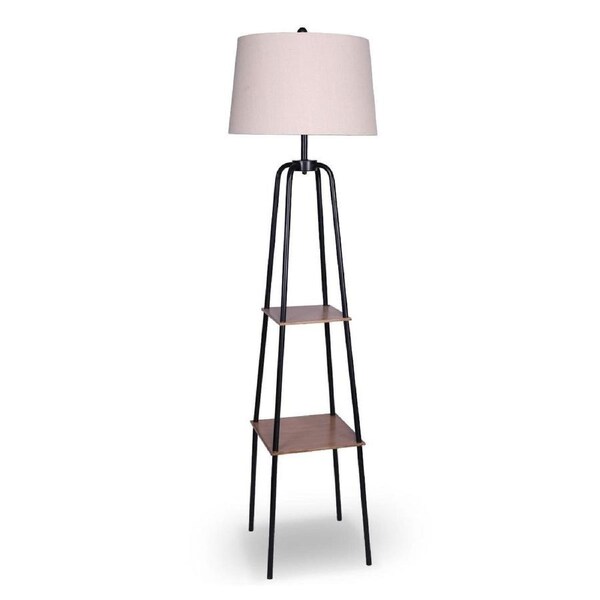 METAL ETAGERE FLOOR LAMP SHADE WITH METAL SHELF IN WOOD GRAIN FINISH