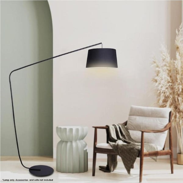 METAL ARC FLOOR LAMP IN BLACK FINISH WIH LINEN TAPER SHADE