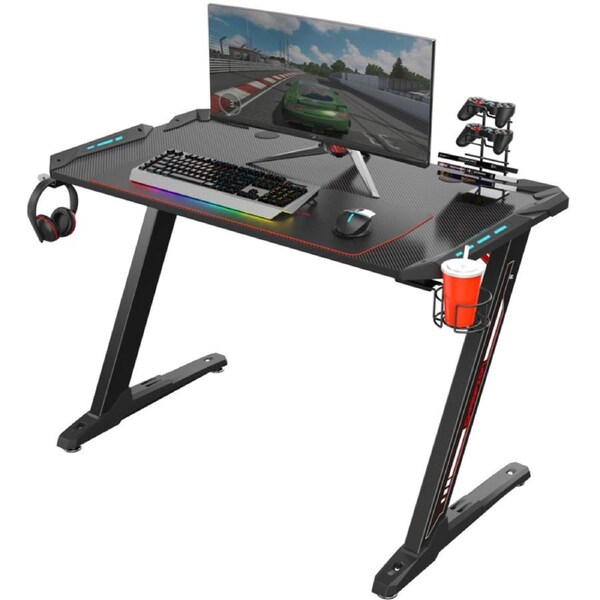 Eureka Ergonomic Z1-S BLACK Gaming Desk with Blue LED Lights, /113cm(W), Controller Stand, Cup Holder & Headphone Hook