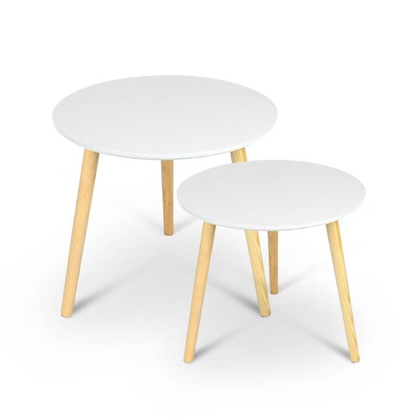 2pcs Round Wood Coffee Table White Side Table Bedside Tables Lamp Wooden Top