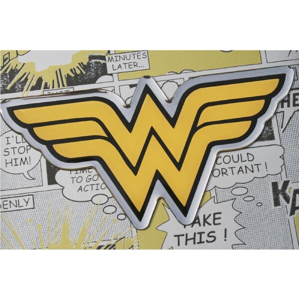 Wonder Woman Logo Car Decal DC Comics Domed Black Yellow Chrome Finish Automotive Sticker Emblem