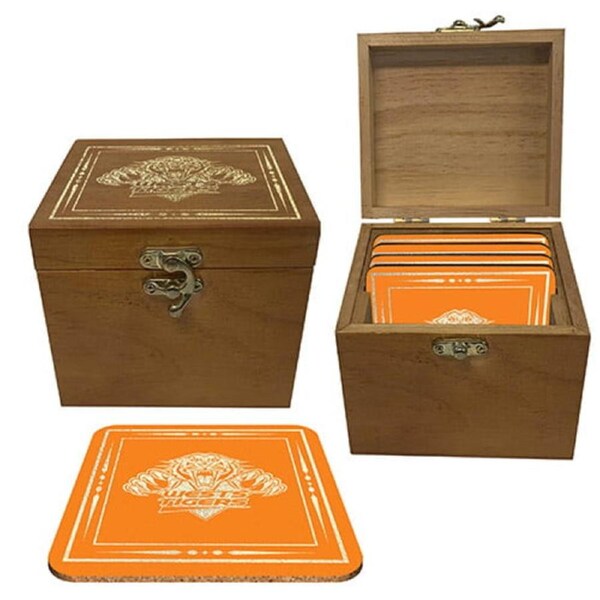 Wests Tigers NRL Cork Back Drink Coasters in Wooden Case Box