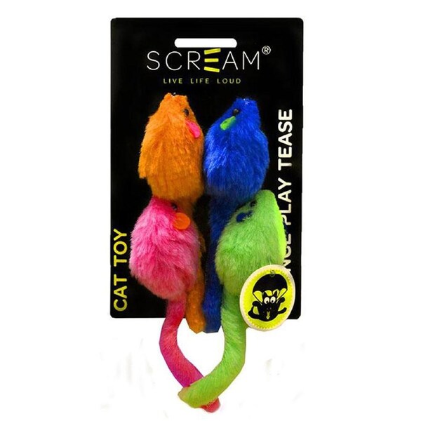 Scream Multi-Coloured Mice Interactive Play Cat Toy 4 Pack