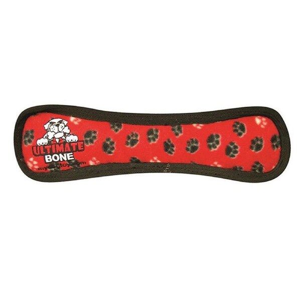 Tuffy Ultimates Bone Plush Dog Squeaker Toy Red Paws