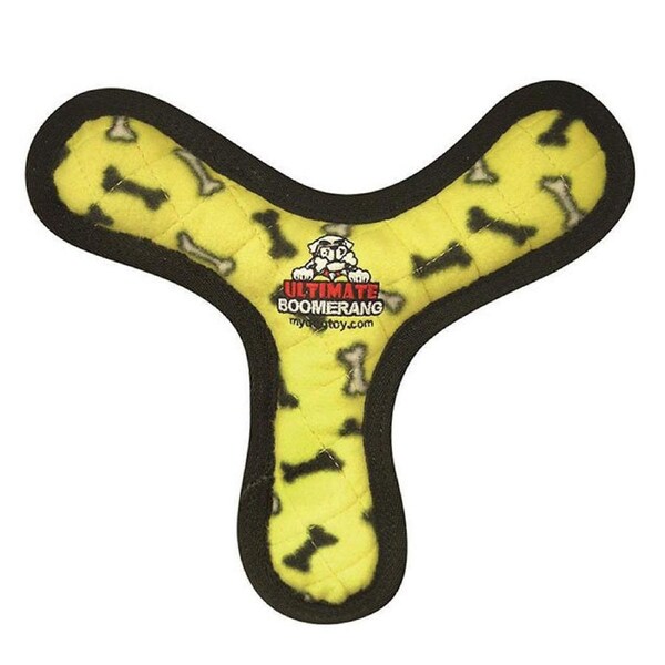 Tuffy Ultimates Bowmerang Plush Dog Squeaker Toy Yellow Bones