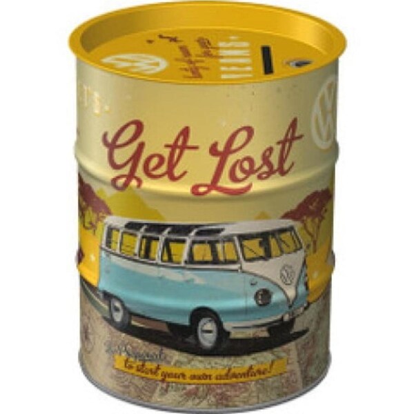 VW Kombi Get Lost German Made Tin Money Box Oil Barrel Shaped